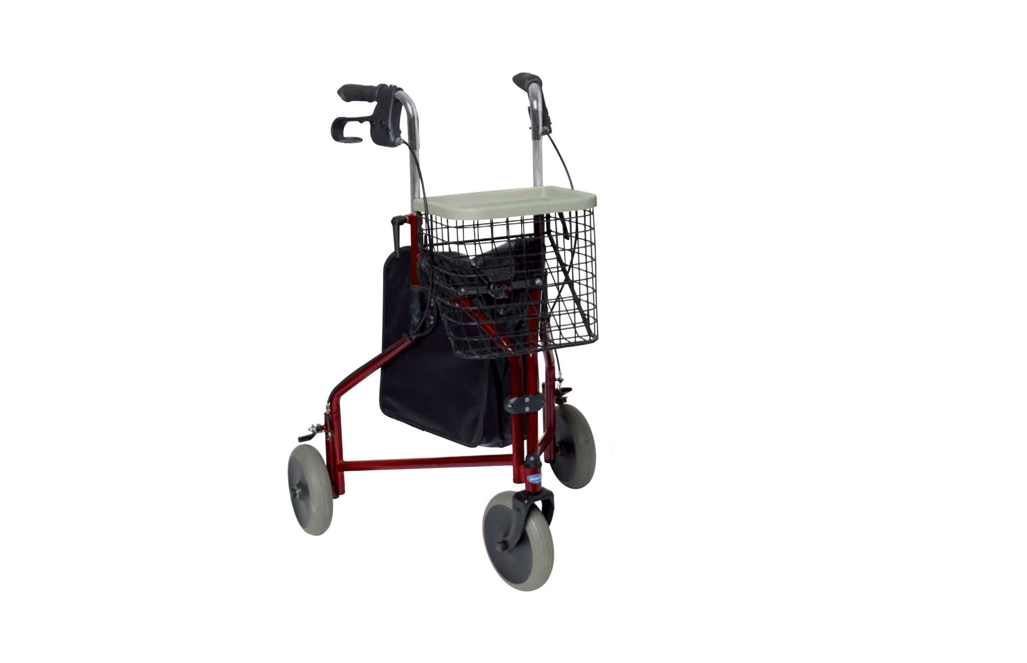 Andarilho com estrutura vermelha, com cesto, visto de perfil.