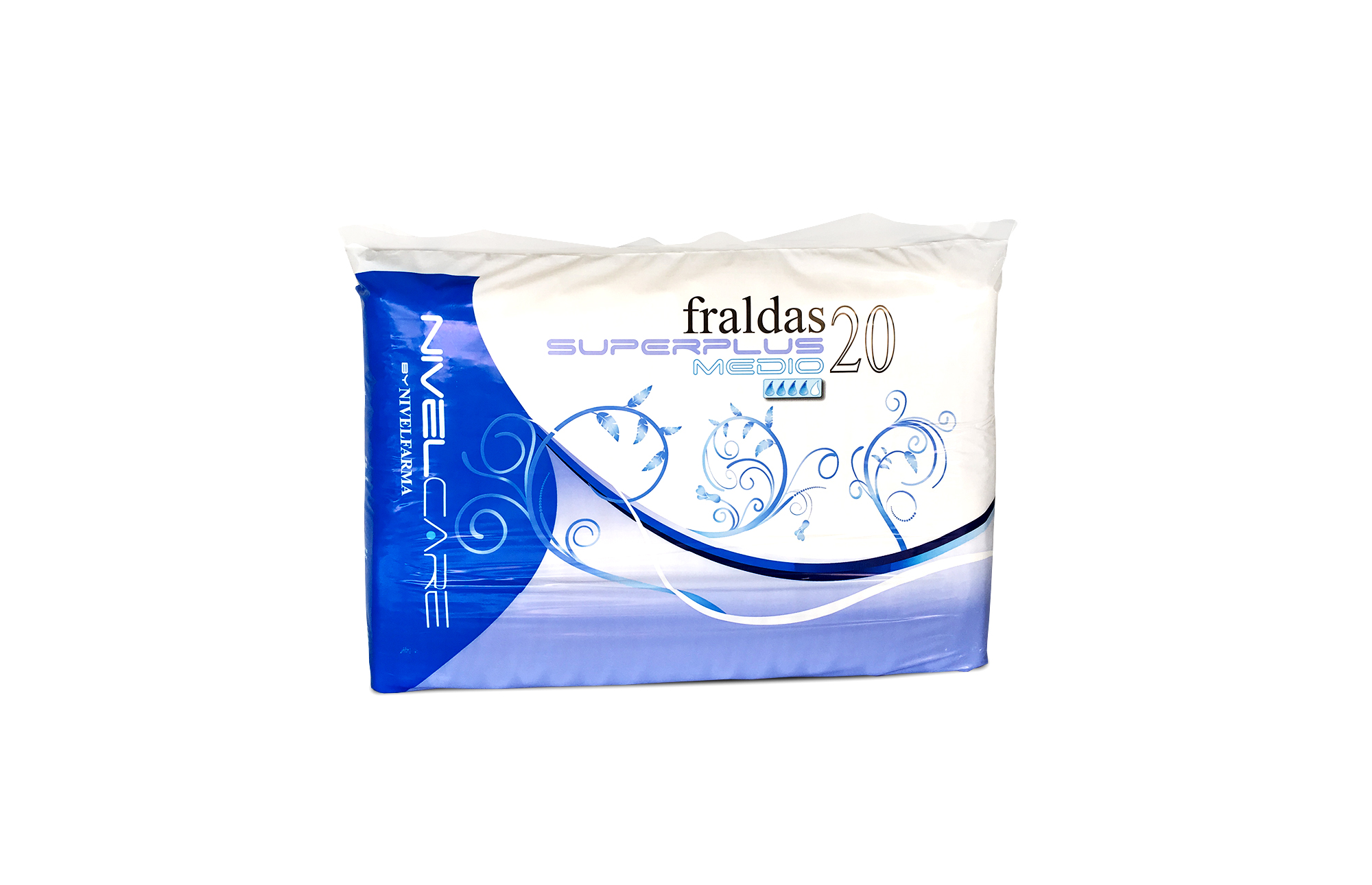 Embalagem branca e azul, de fraldas de tamanho médio.