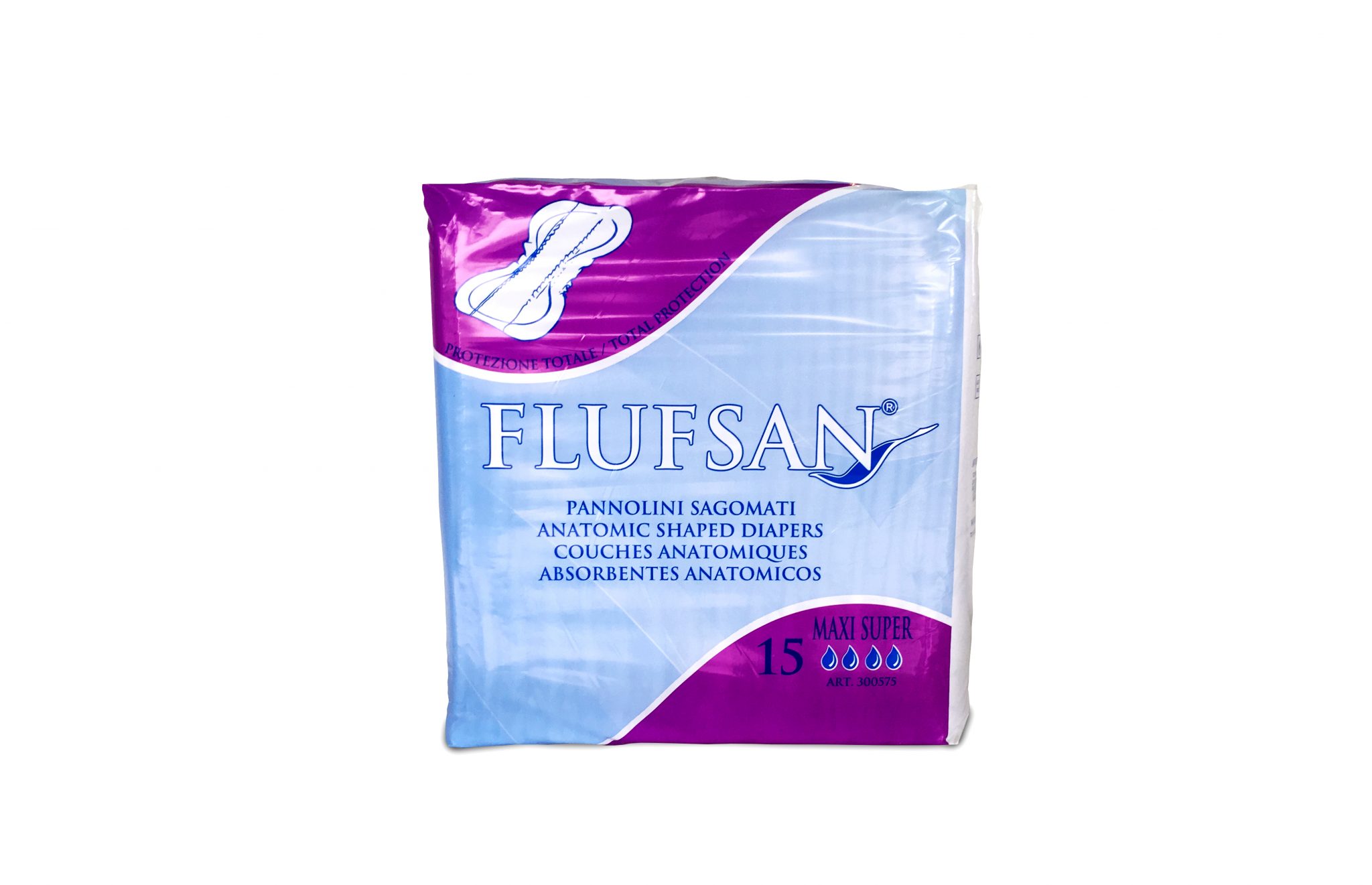 Fralda anatómica maxi super, com um elevado nivel de absorção, o penso anatómico da flufsan propociona uma grande suavidade e conforto. Com sistema odor stop e dry fast core.