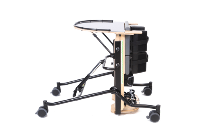 Prono Stander com bloqueador de joelhos da Jenx para crianças com 3-7 anos. Permite a posição vertical ideal e é ajustável em altura e inclinação.