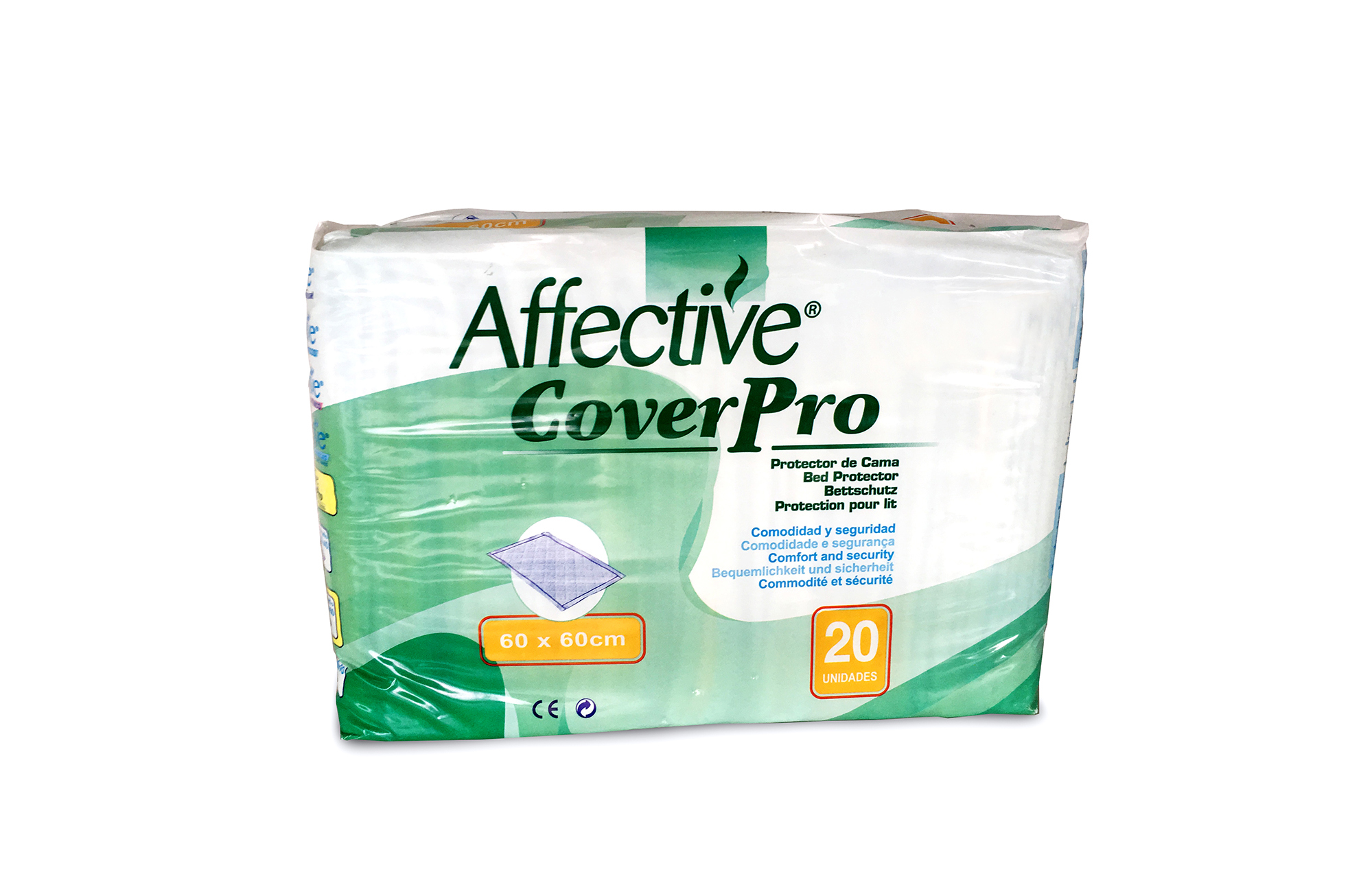 Ebalagem branca e verde, de protetor de cama.