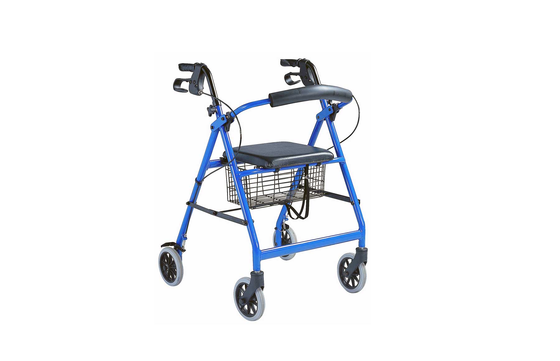 Andarilho com estrutura azul, e assento preto, visto de perfil