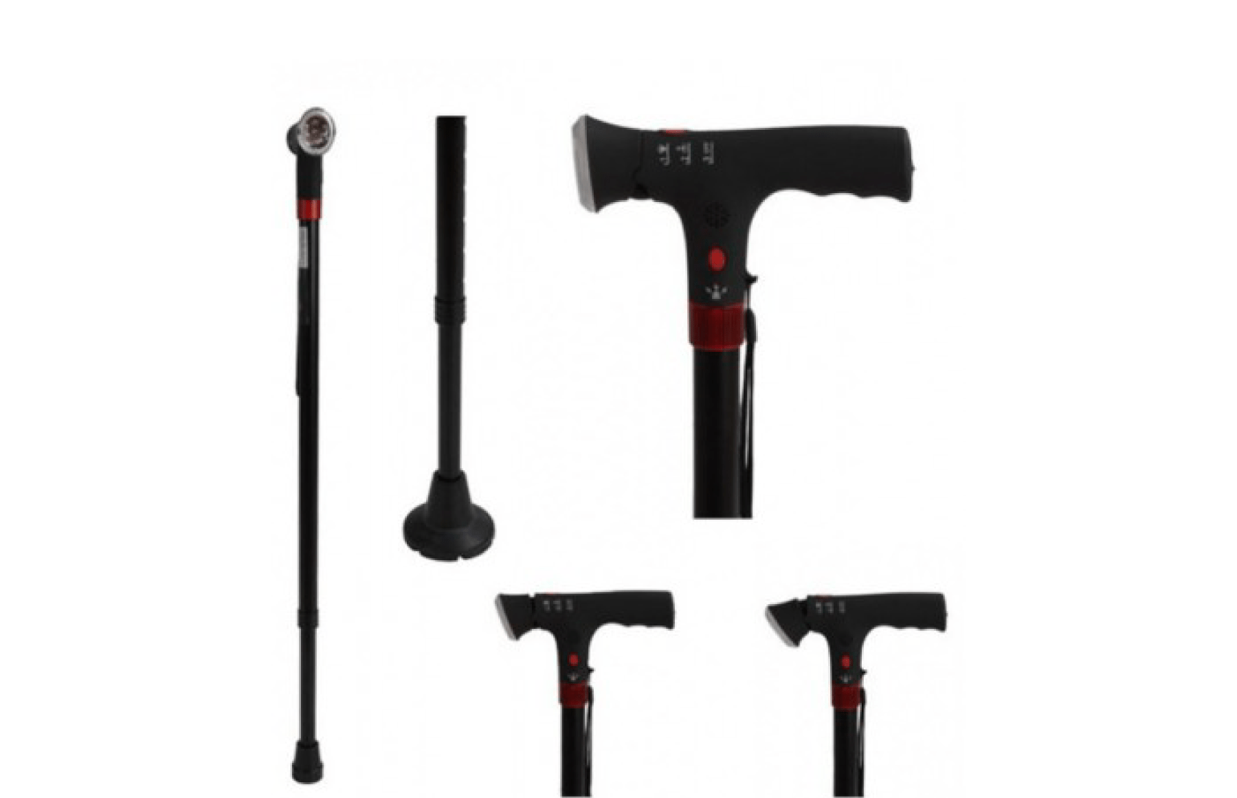 Bengala de alumínio extensível com luz LED e alarme, regulação de altura e ponteira de base larga.