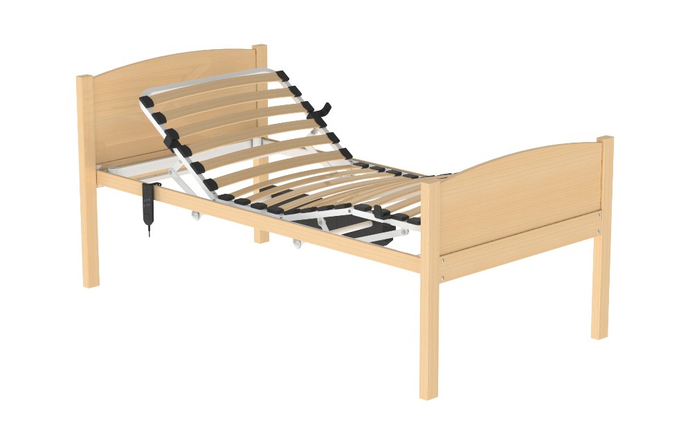 Cama articulada elétrica com estrutura em madeira de faia e estrado, tripartido, em aço pintado com réguas de faia, acionado por motor elétrico. Suporte nas duas extremidades da cabeceira para receber trapézio ou haste de soro. Preparada para todos os acessórios disponíveis para camas HCaresol.