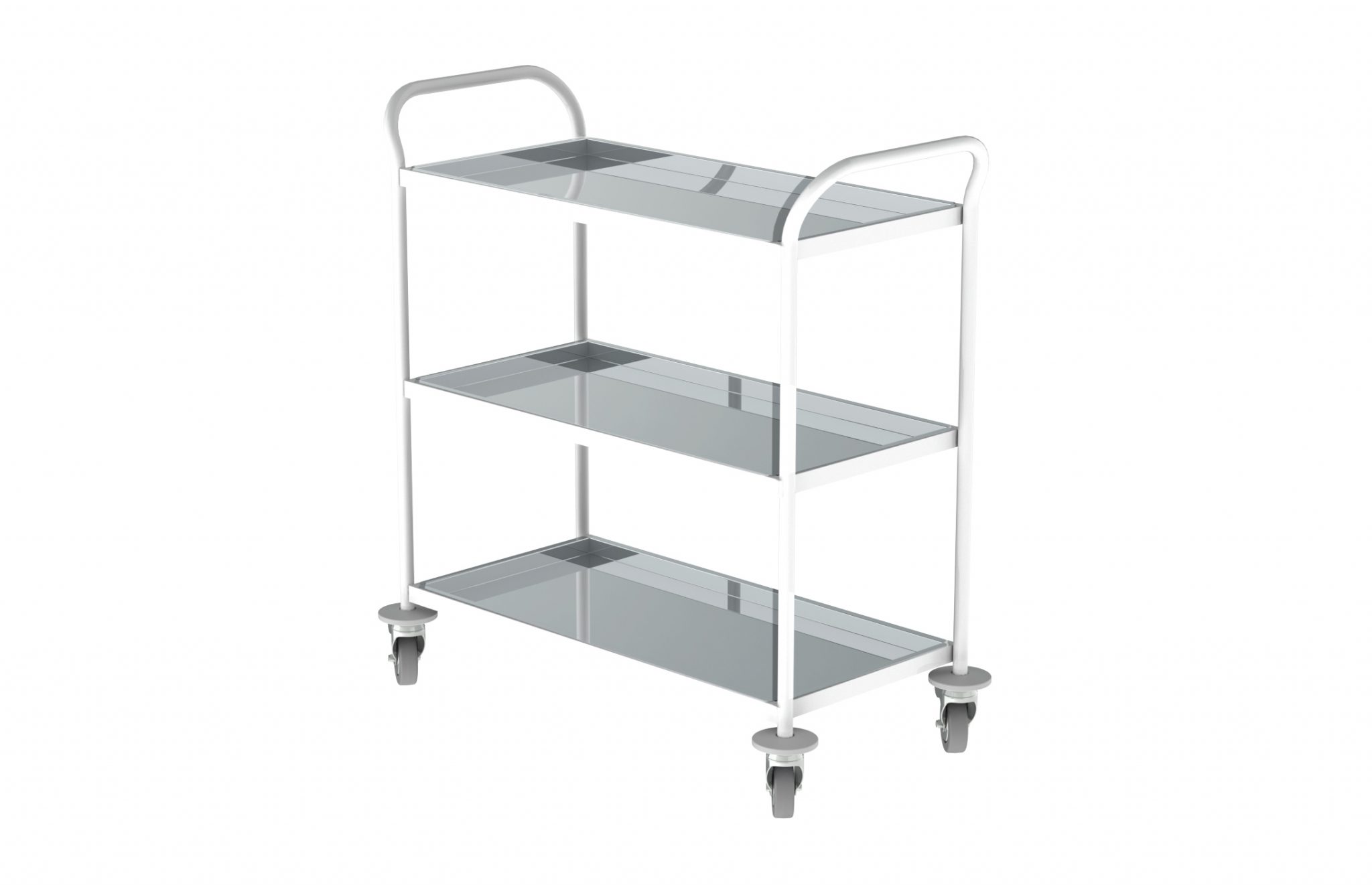 Carro de transporte de comida da Hcaresol, com três prateleiras em inox. Material hospitalar disponível aço pintado ou inox polido.