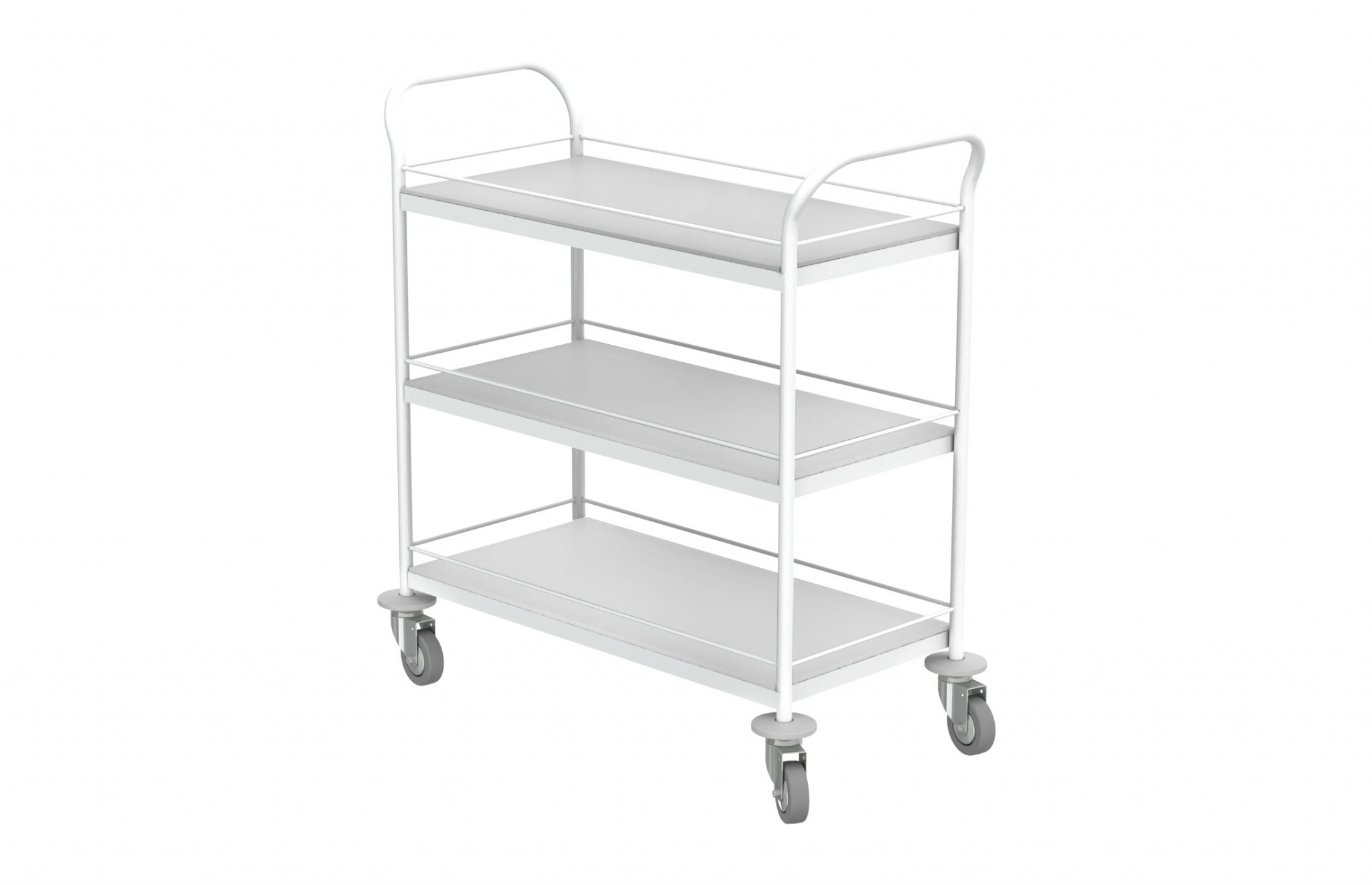 Carro de transporte de roupa limpa da Hcaresol, com estrutura em tubo de aço macio. Contém três prateleiras, em resina fenólica, com varandim de segurança.