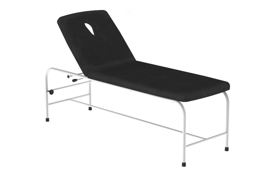 Marquesa de observação em tubo redondo, com estrutura em aço pintado ou inox, e estofos bi-partidos em espuma e napa. Inclui suporte de rolo de papel em madeira. Disponível com ou sem orifício