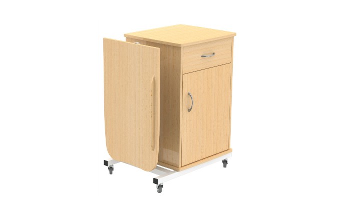 Mesa de Cabeceira com Mesa de Comer no Leito da Hcaresol, em melamina de faia. Contém uma gaveta, um cacifo e um tabuleiro, ajustável em altura.