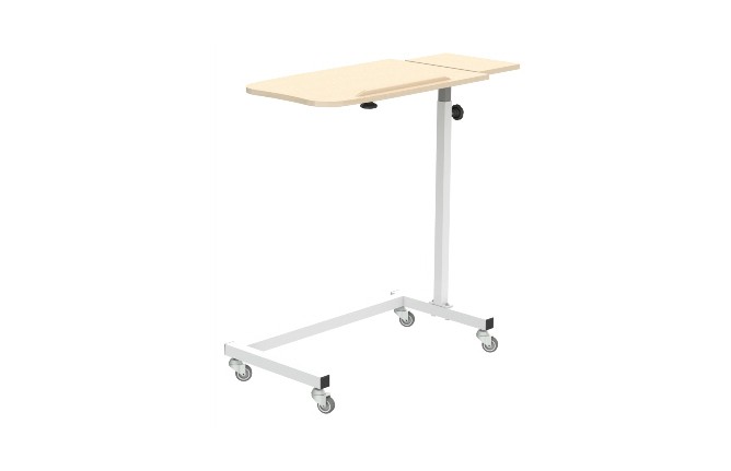 Mesa de comer no leito da hcaresol, em aço. Base em U, com dois tampos, um fixo e outro regulável.