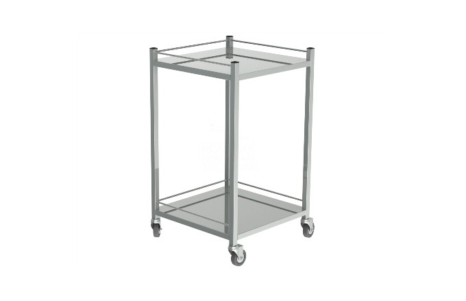 Mesa de pensos simples da Hcaresol, com estrutura e tampo em aço inox. Material hospitalar composto por varandim de segurança e rodizios