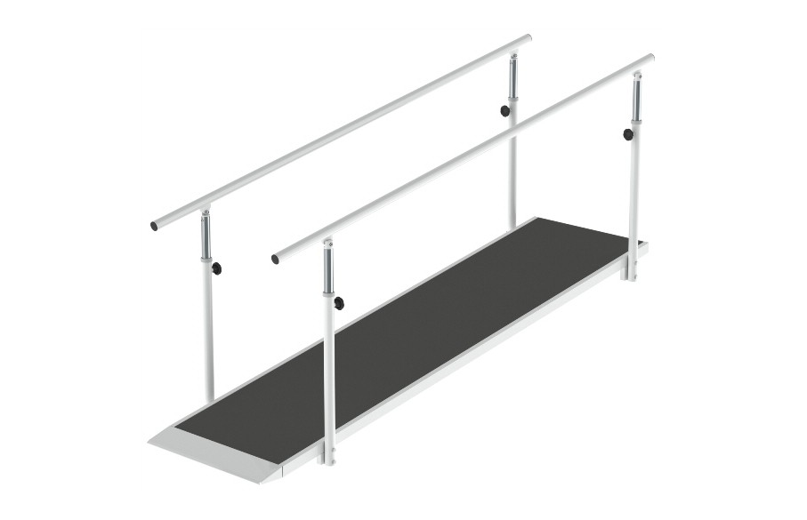 Módulo Rampa da HCARESOL, material de fisioterapia, com estrutura em tubo de aço macio. Base em tela antiderrapanye e corrimão regulável em altura.